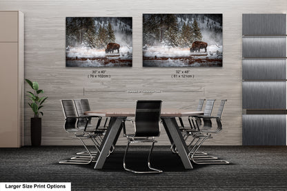 a dining room table with chairs next to a wall with a picture of a bear