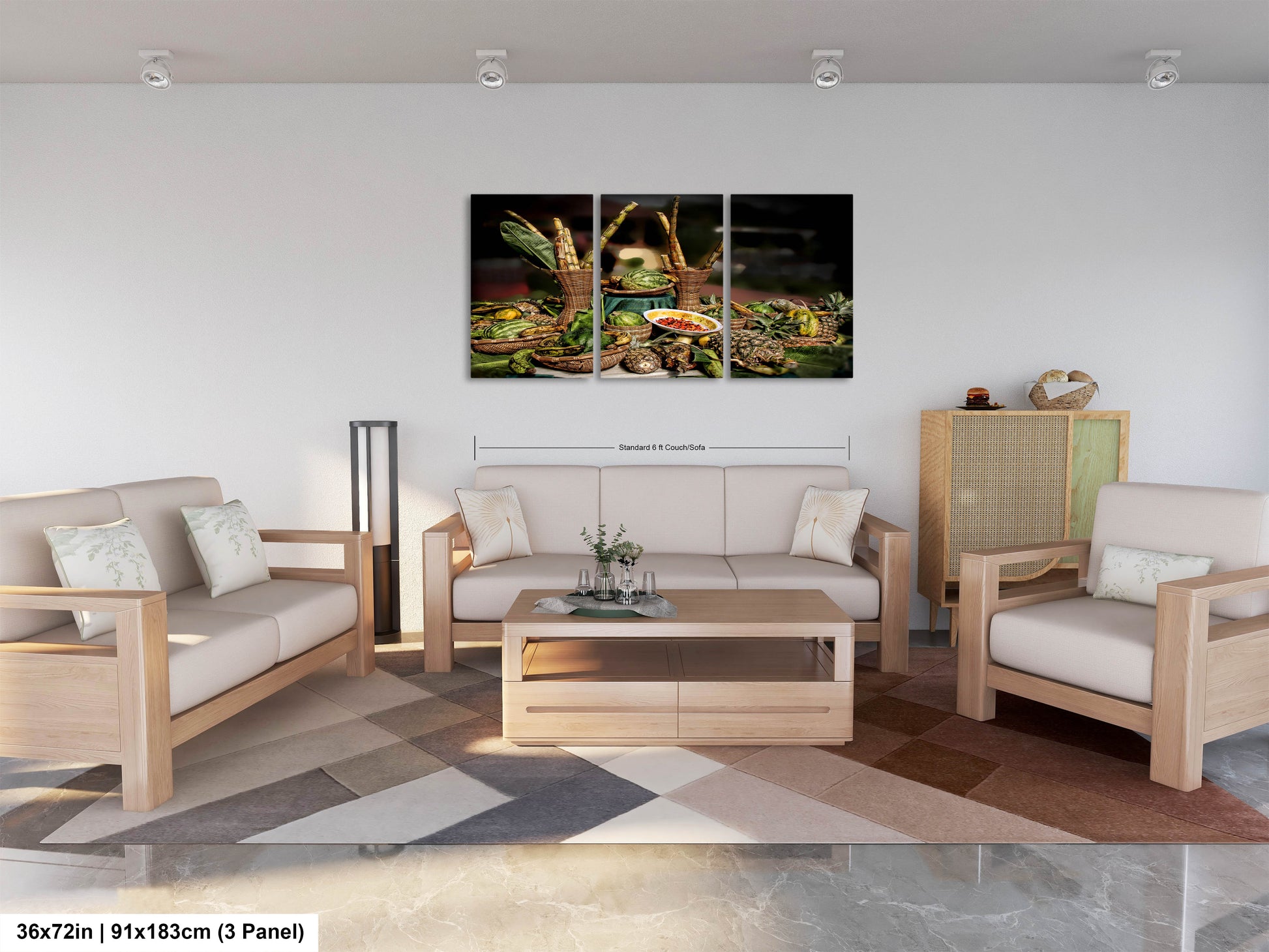 a living room filled with furniture and a painting on the wall
