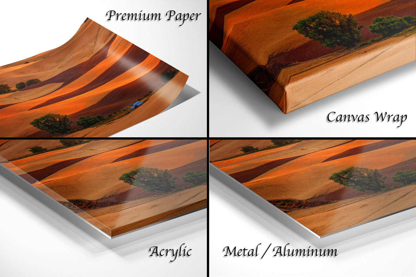 a series of four images of a desert landscape