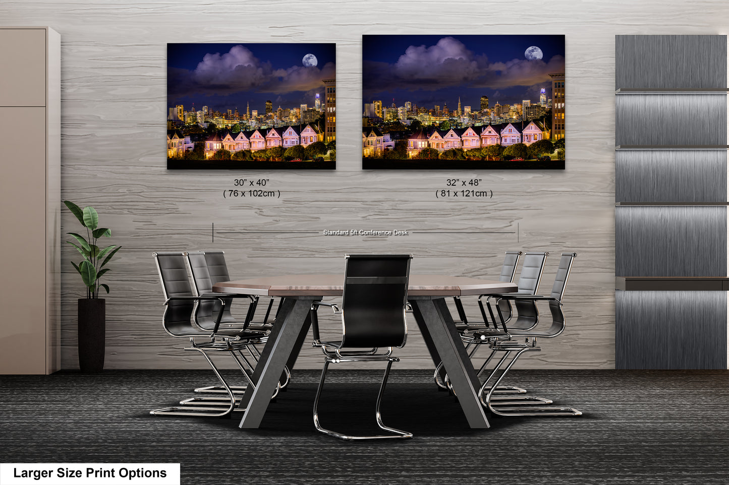 two pictures of a city at night with a table and chairs