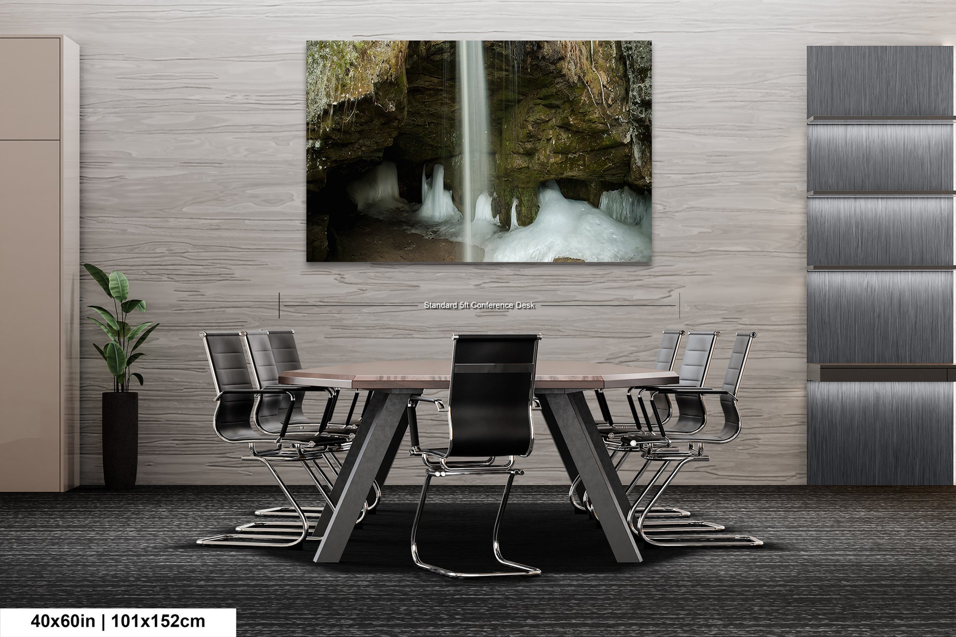 a dining room table with a waterfall in the background