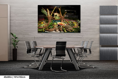 a table with chairs and a painting on the wall