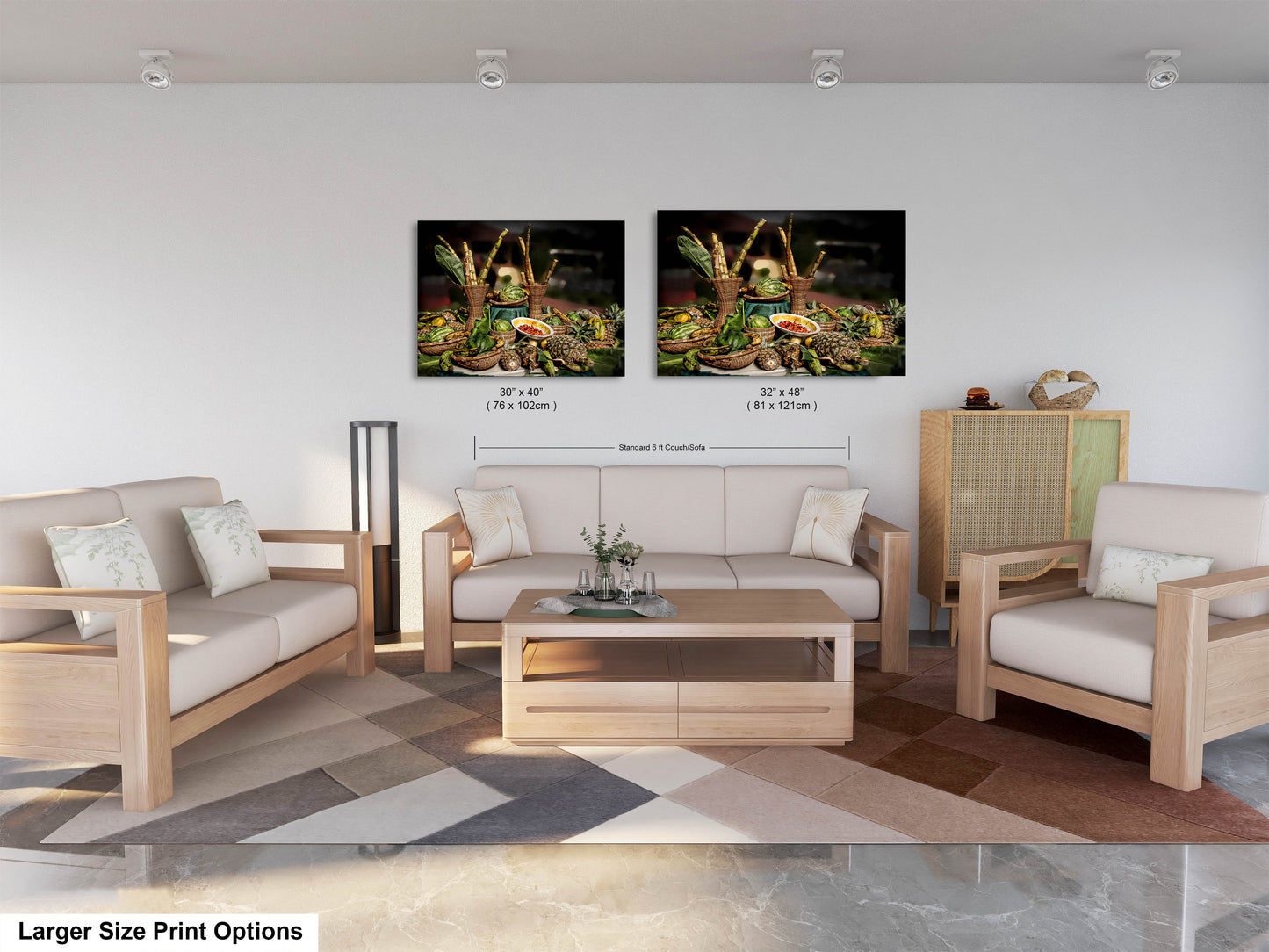 a living room filled with furniture and a painting on the wall