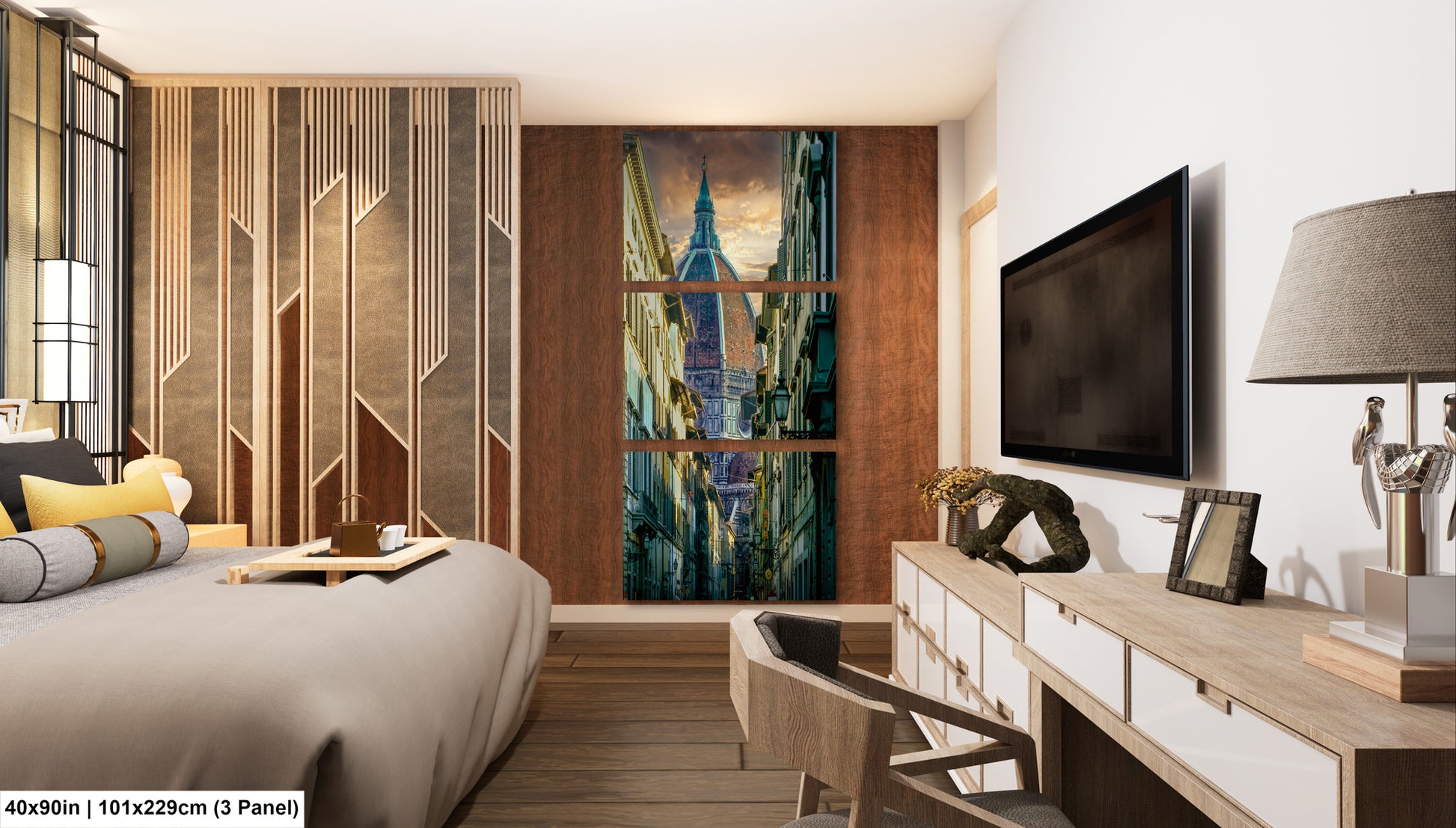 a bed room with a neatly made bed and a flat screen tv