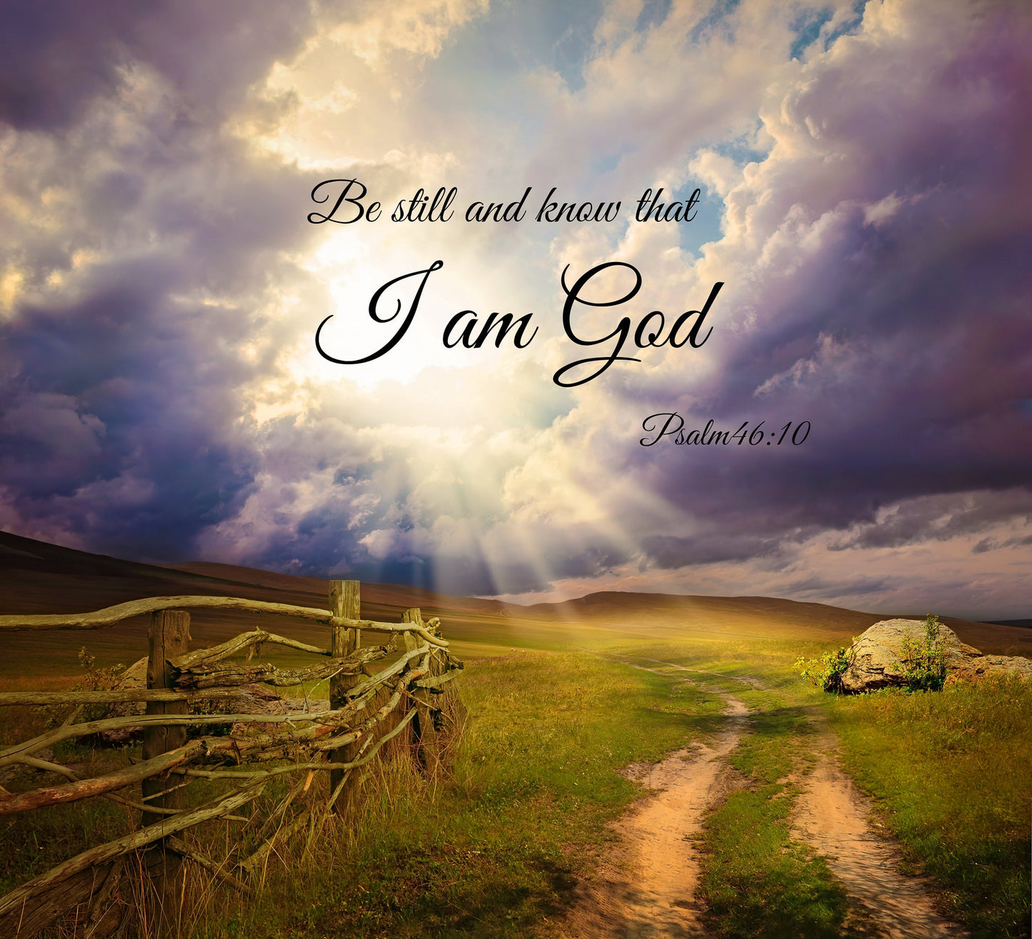 Be Still and Know that I am God Scripture on clouds over a meadow. Available in canvas or print for home decor.