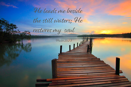 Psalm 23:2-3 Lake Pier Sunrise,Inspirational Canvas Wall Art Prints-Ideal Religious Wall Decor for Home, Living Room, Bedroom and Kitchen