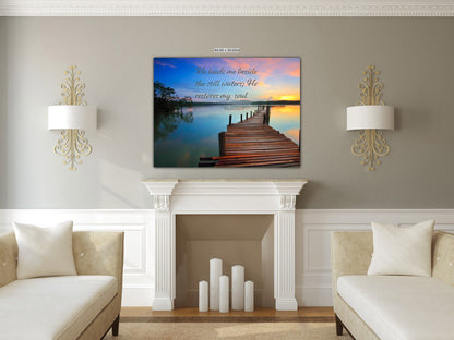 Psalm 23:2-3 Lake Pier Sunrise,Inspirational Canvas Wall Art Prints-Ideal Religious Wall Decor for Home, Living Room, Bedroom and Kitchen