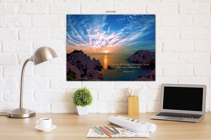 Philippians 4:13, Ocean Sunset, Christ Strengthens Me, Inspirational Canvas Wall Art Prints, Scripture Landscape,  Christian Wall Decor