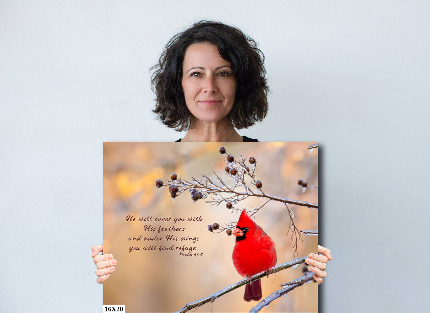 Psalm 91:4, Red Cardinal Bible Verse, Cardinal Scripture Canvas, Christian Inspirational Wall Art, He Will Cover You With His Feathers