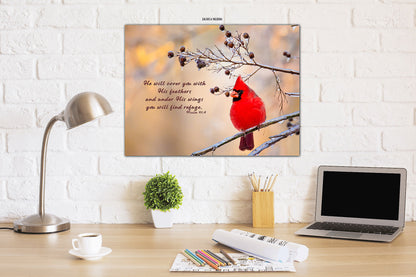 Psalm 91:4, Red Cardinal Bible Verse, Cardinal Scripture Canvas, Christian Inspirational Wall Art, He Will Cover You With His Feathers