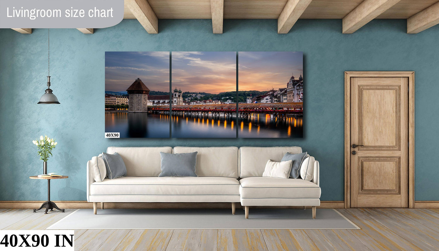 Chapel Bridge in Lucerne, Switzerland at Sunset: Landscape Photograph / Fine Art / Print / Canvas / Acrylic / Metal / Wall Decor