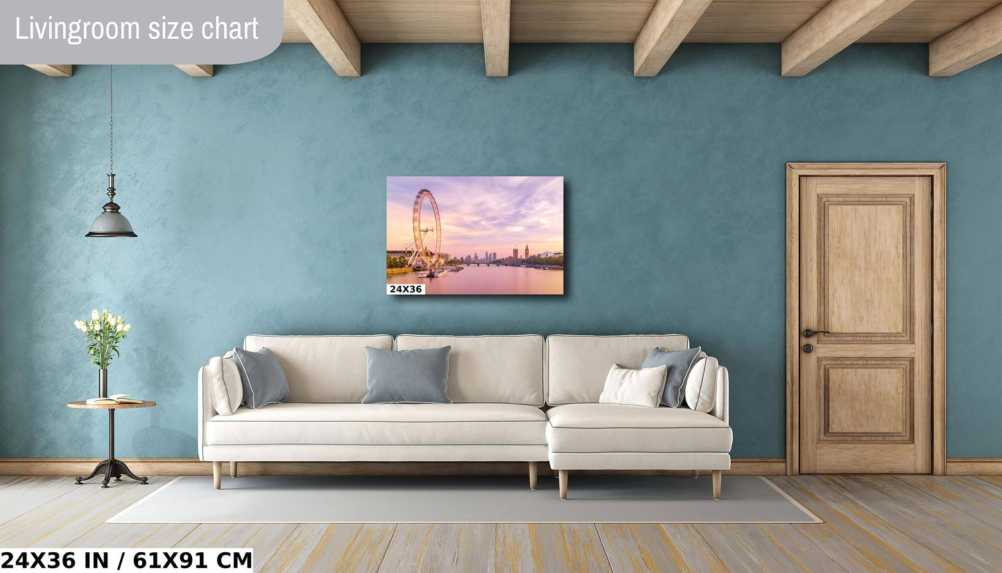 London Eye Parliament Pastel gift for mom pink present sunset/sunrise Canvas Print Wall Art, Ideal for Home and Office Decor