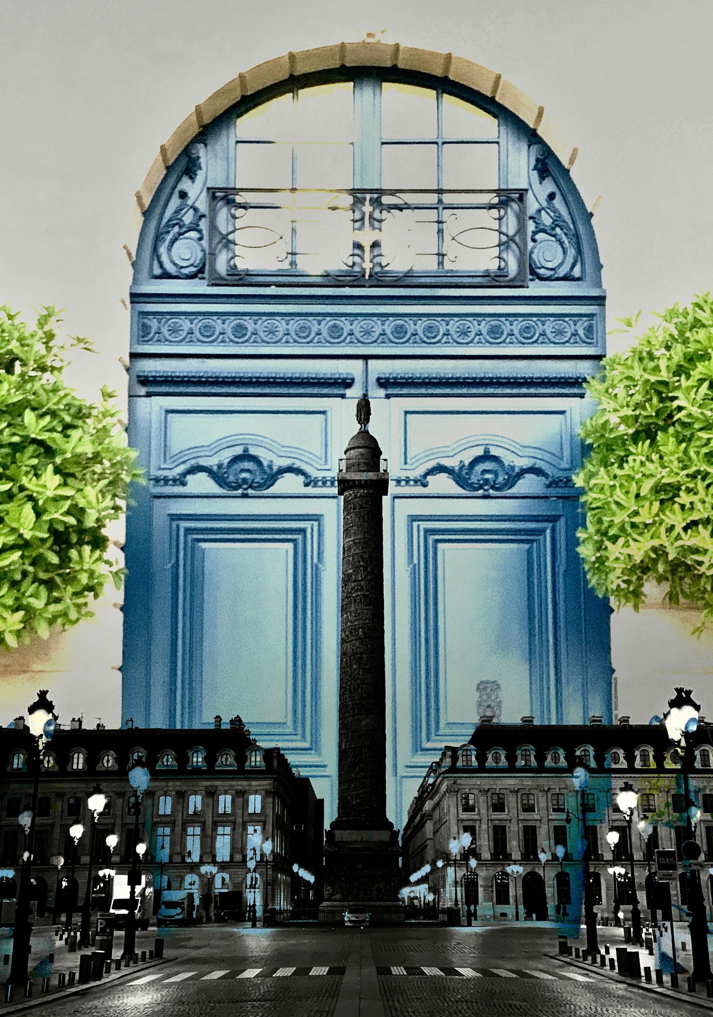 2 blended photos, black and white of the place vendome in black in white with blue doors and boxwood greenery, Paris, France