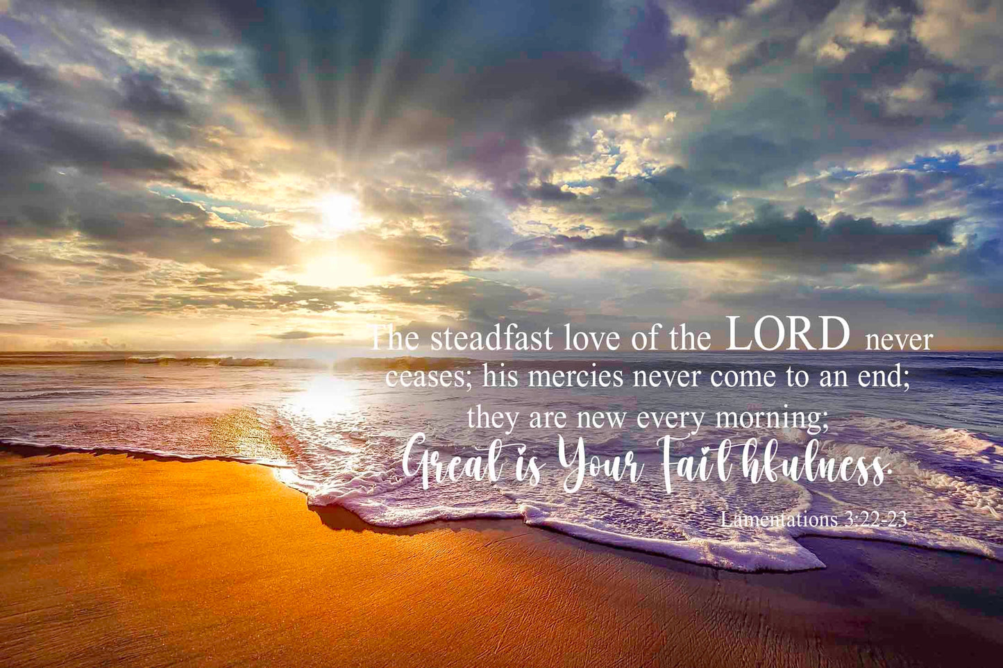 Lamentations 3:22-23 Inspirational Canvas Wall Art Print, Sunset Beach, Christian Religious Art Decor for Home, Steadfast Love of the Lord