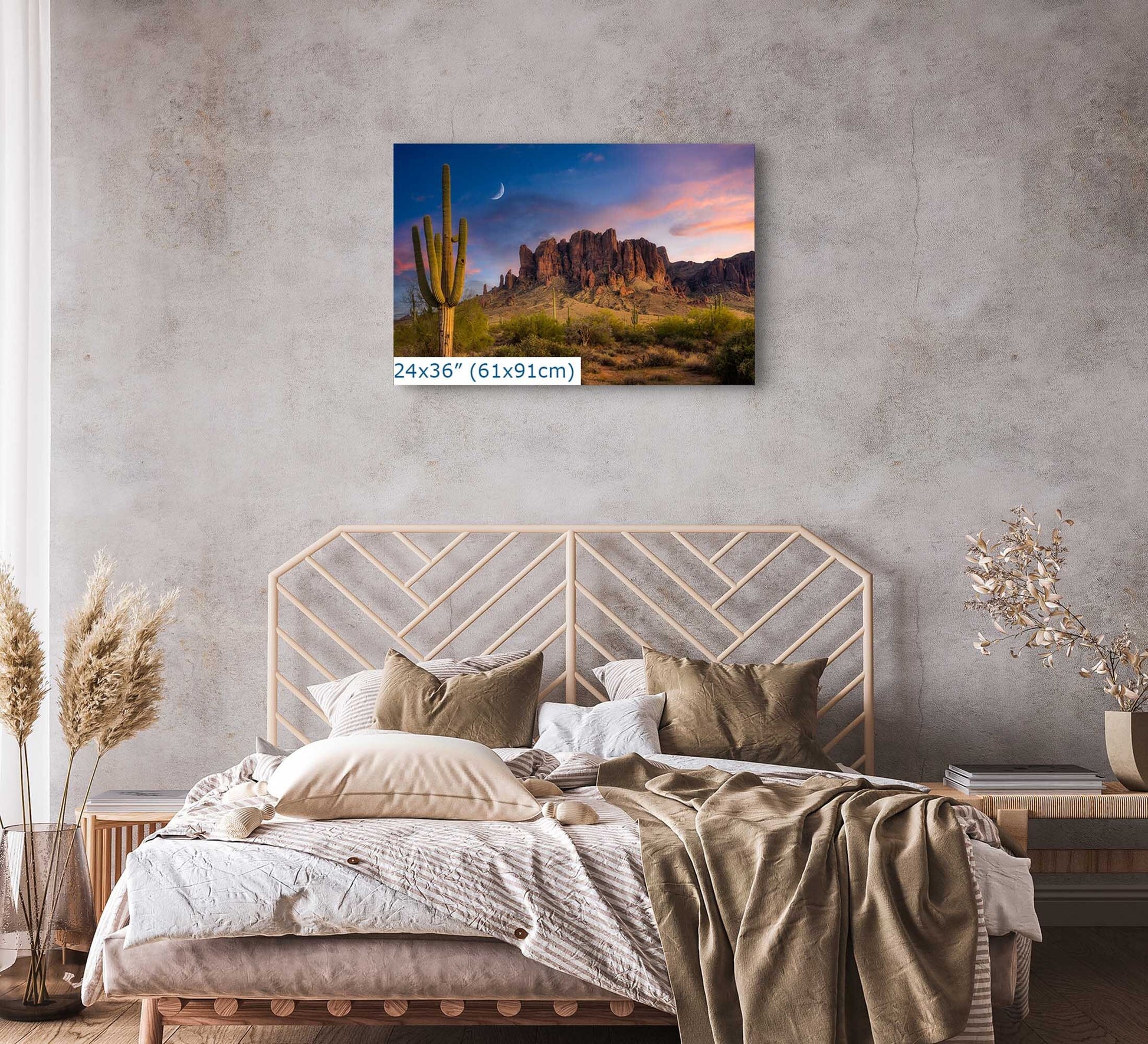 A 24&quot;x36&quot; canvas, capturing the tranquil Saguaro Cactus Sunset at Superstition Mountains, Arizona, creates a peaceful bedroom retreat.