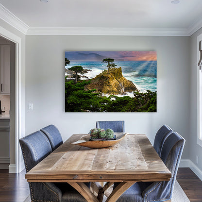 Overlooking a modern dining space, the Lone Cypress wall art serves as a bold statement piece, embodying Monterey&#39;s rugged beauty and the tree&#39;s solitary strength, complementing the room&#39;s inviting warmth.