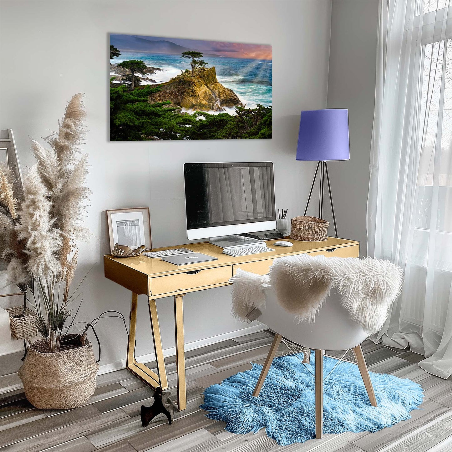 A vivid wall art of the Lone Cypress in Monterey on a home office wall, capturing the iconic tree&#39;s resilience, set against a dramatic coastline at sunset, inspires creativity and tranquility.