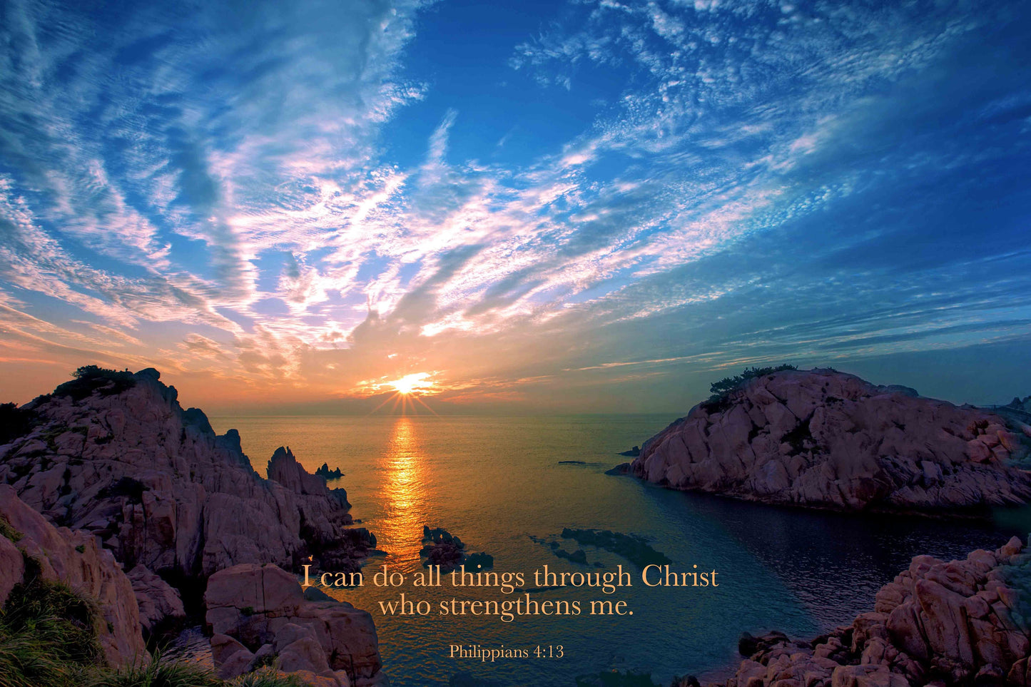 Philippians 4:13, Ocean Sunset, Christ Strengthens Me, Inspirational Canvas Wall Art Prints, Scripture Landscape,  Christian Wall Decor