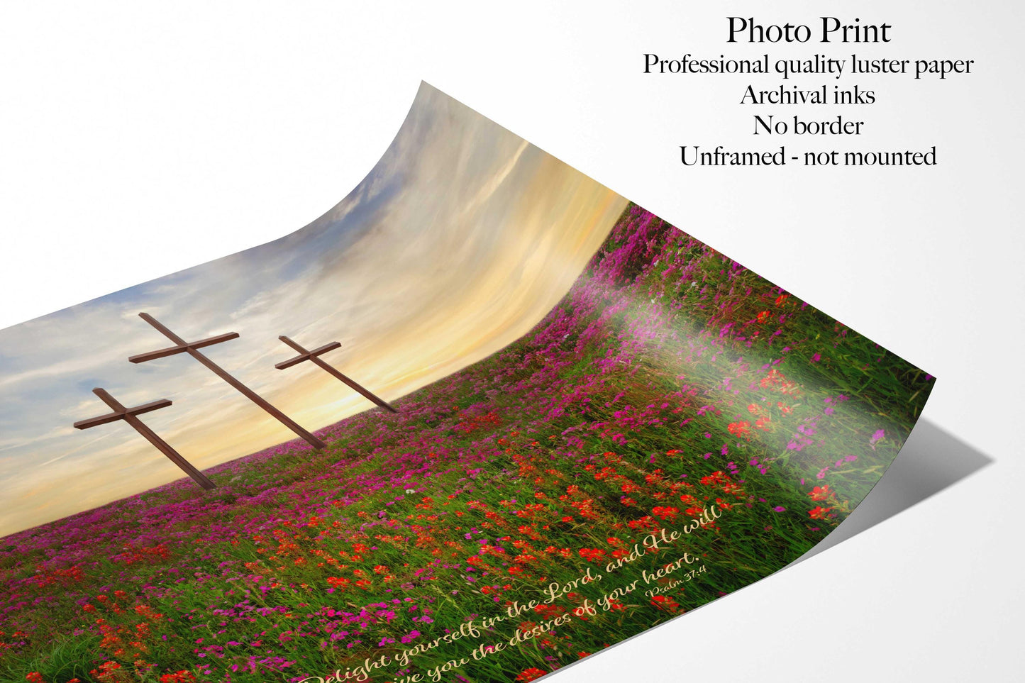 Psalm 46:1 Christian Inspirational Scripture Canvas, God is Our Refuge and Strength, Three Crosses Photo, Texas Wildflower Landscape Sunset