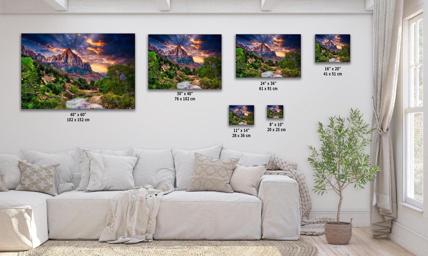 Watchman Mountain Zion Sunset available in multiple sizes shown over a living room couch.