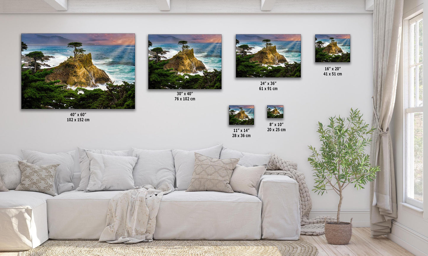 Lone Cypress Photograph Wall Decorations in multiple sizes shown over a living room couch.