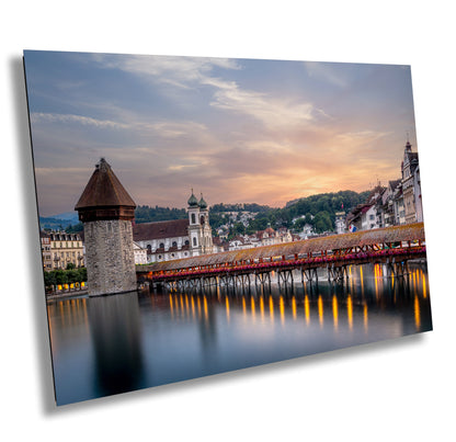 Chapel Bridge in Lucerne, Switzerland at Sunset: Landscape Photograph / Fine Art / Print / Canvas / Acrylic / Metal / Wall Decor