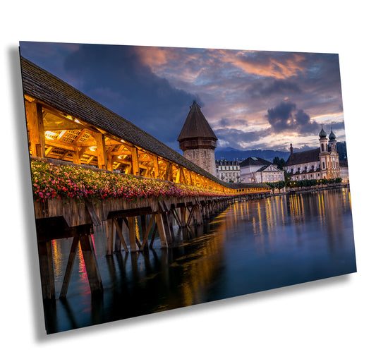 Chapel Bridge in Lucerne, Switzerland at Dusk: Landscape Photograph / Fine Art / Print / Canvas / Acrylic / Metal / Wall Decor