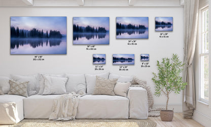 Diagram showing various sizes of wall art prints of Yellowstone Lakes twilight reflection, from small to large, for different room settings.