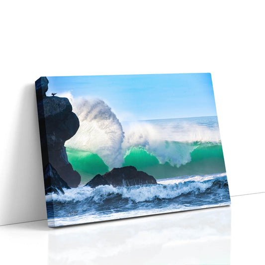 A comparison of wall art mediums—canvas, photo paper, metal—showcasing a massive ocean wave at Morro Rock.