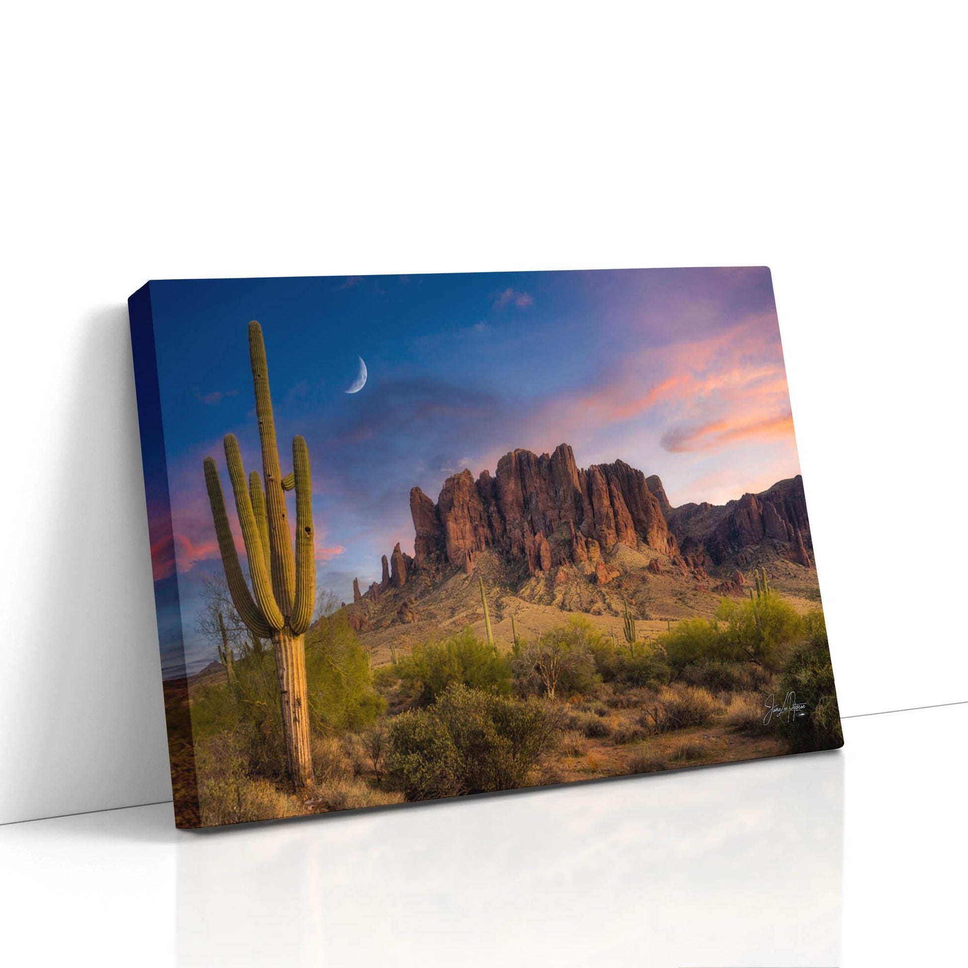 Diverse presentation options for the Saguaro Cactus Sunset art, showcasing the allure of Arizona&#39;s Lost Dutchman State Park including premium paper, gallery-wrapped, canvas, and metal prints.