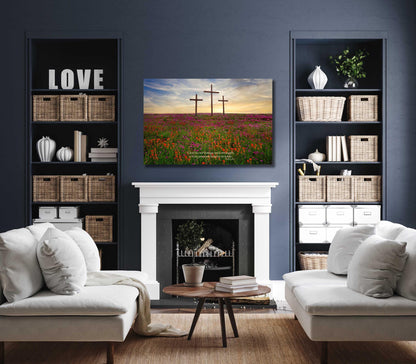 Psalm 46:1 Christian Inspirational Scripture Canvas, God is Our Refuge and Strength, Three Crosses Photo, Texas Wildflower Landscape Sunset