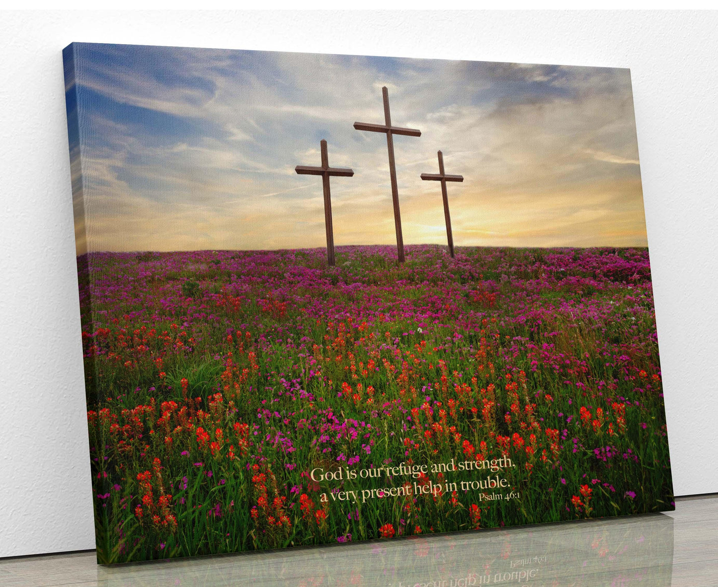 Psalm 46:1 Christian Inspirational Scripture Canvas, God is Our Refuge and Strength, Three Crosses Photo, Texas Wildflower Landscape Sunset